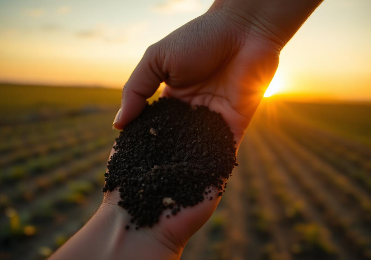 Hand holding rich soil over farmland at sunset