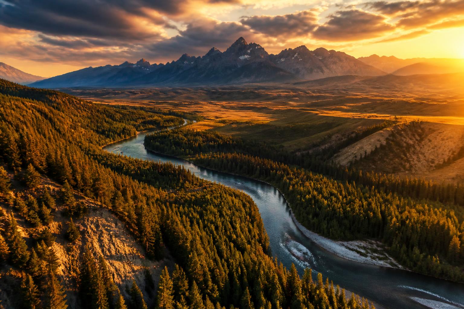 Aerial view of pristine American wilderness at golden hour