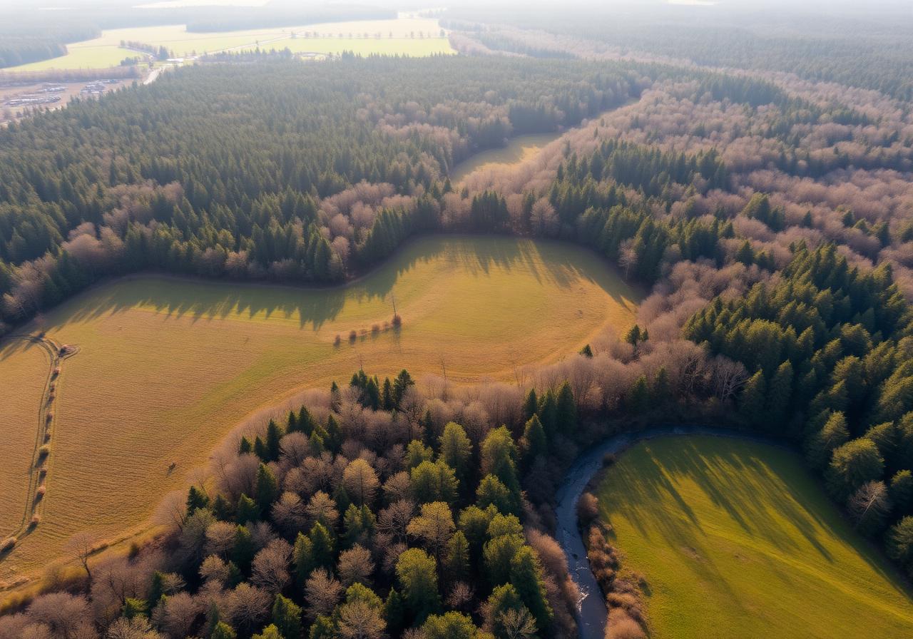 Aerial view of mixed forest and meadow land parcel